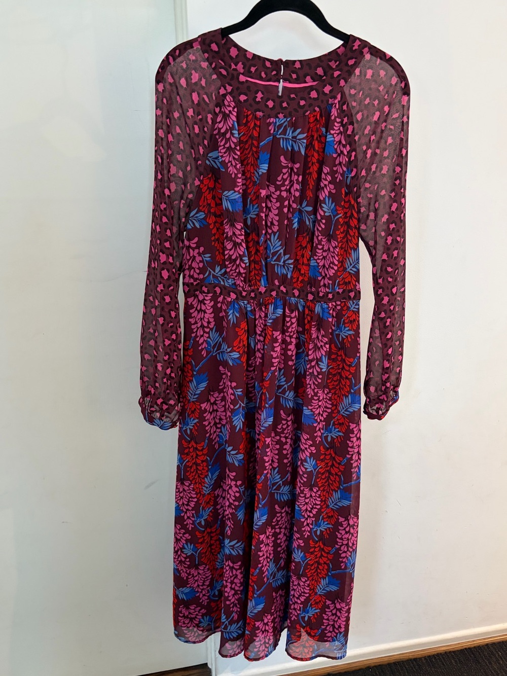 Boden Burgundy Floral Long-Sleeve Midi Dress with Pink and Blue Print